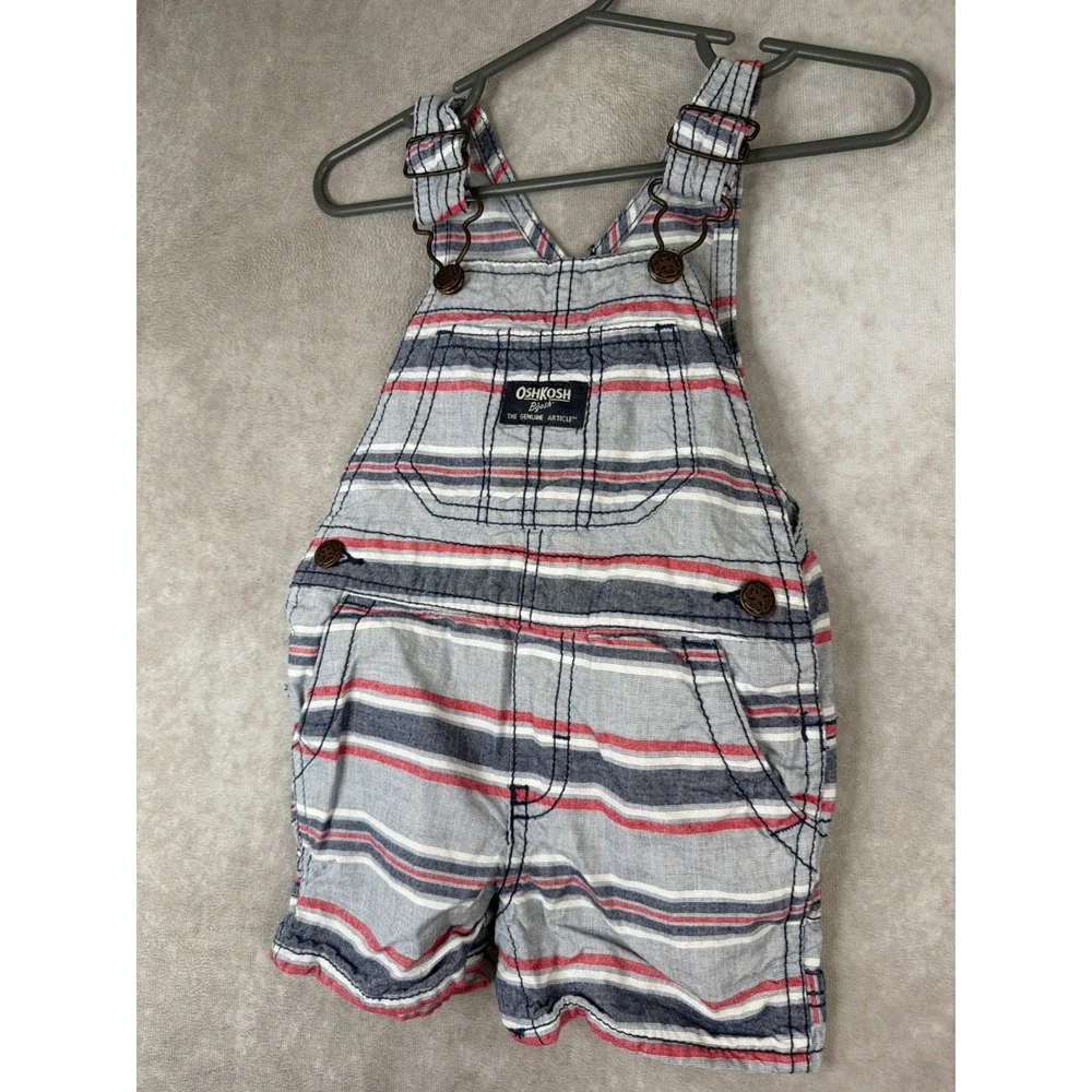 OshKosh B'gosh Overalls Kids 12M Blue Red White Striped Cotton Vestbak Shortalls